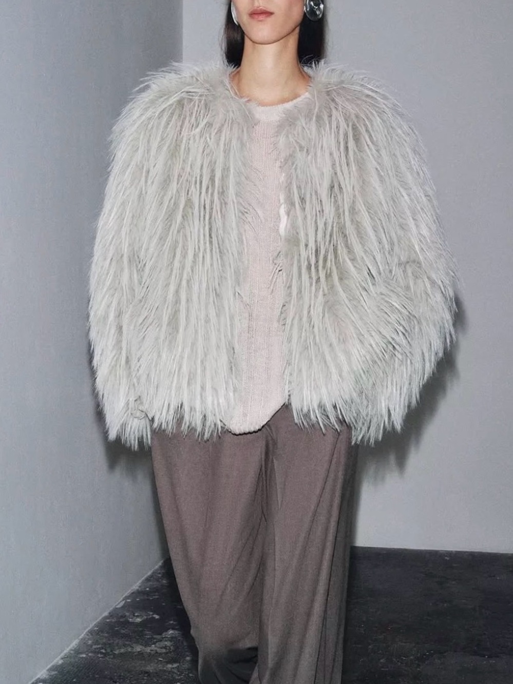 Zara Faux Fur Plush Coat - Light Gray